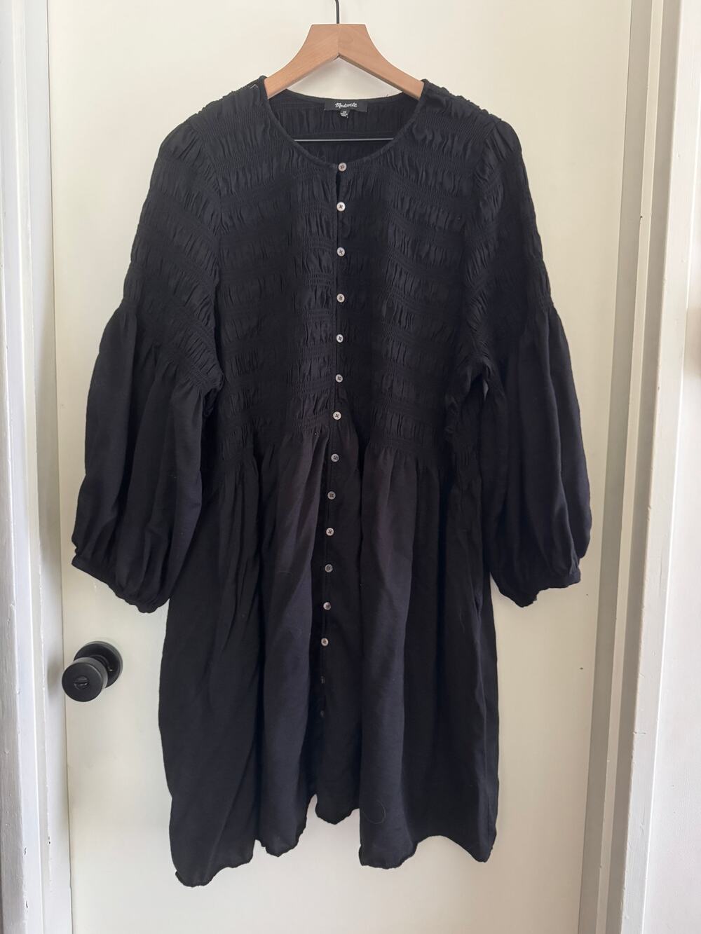 MADEWELL black button front smocked long sleeve mini dress